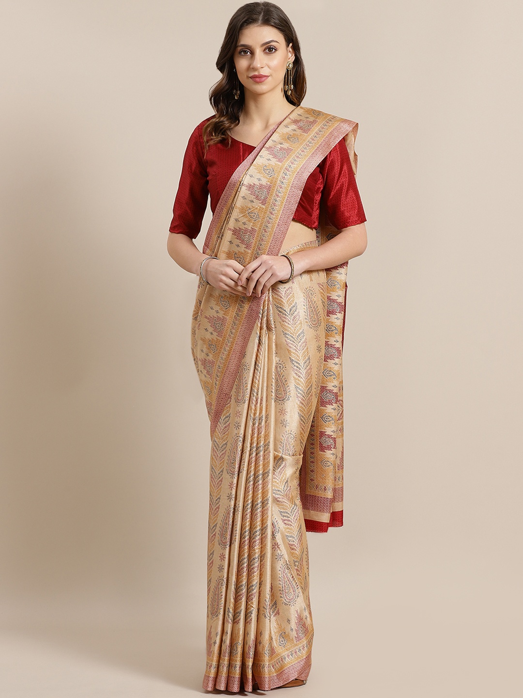 

Saree mall Beige & Maroon Silk Blend Printed Bhagalpuri Saree