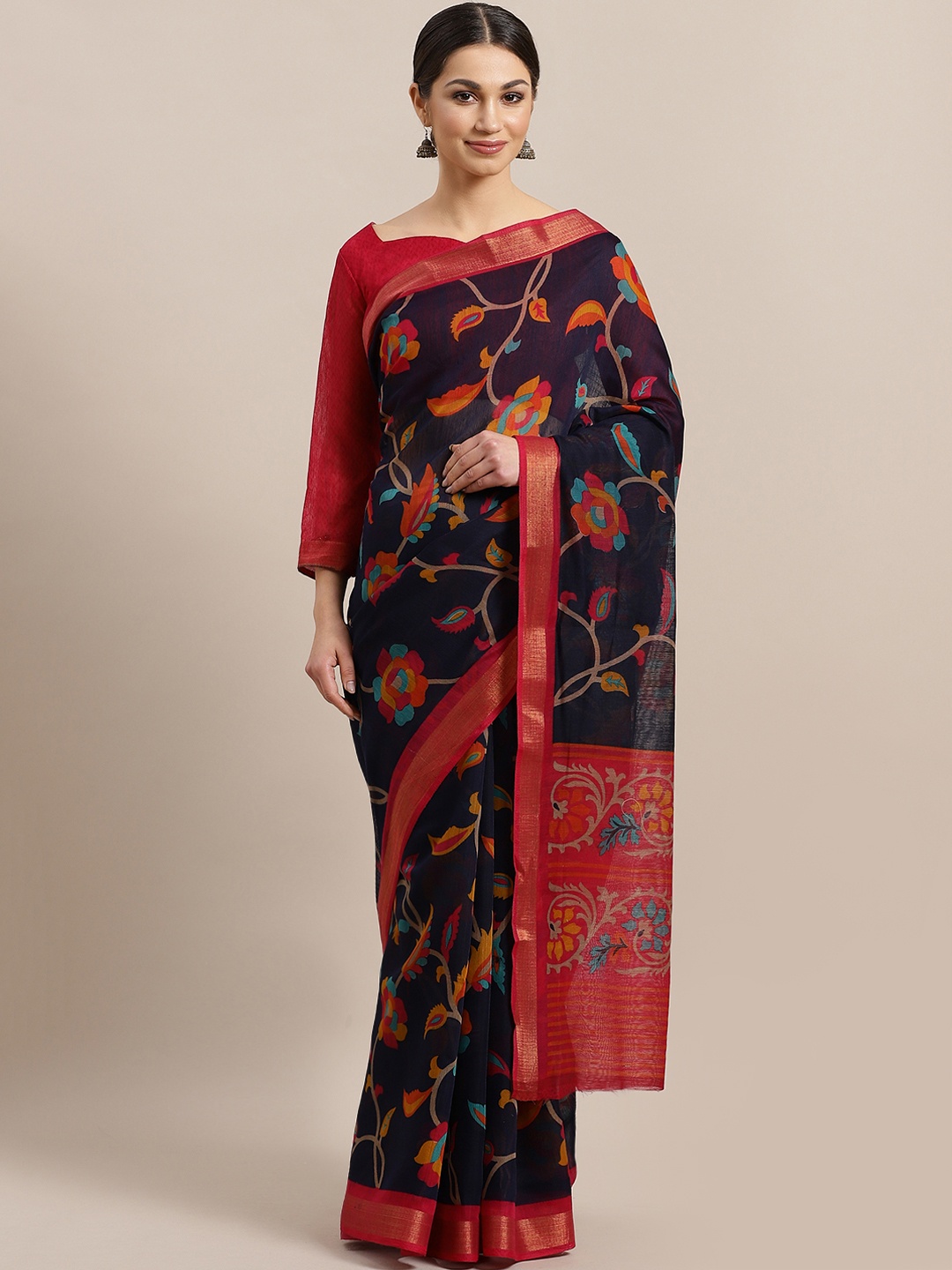 

Saree mall Navy Blue & Pink Printed Saree