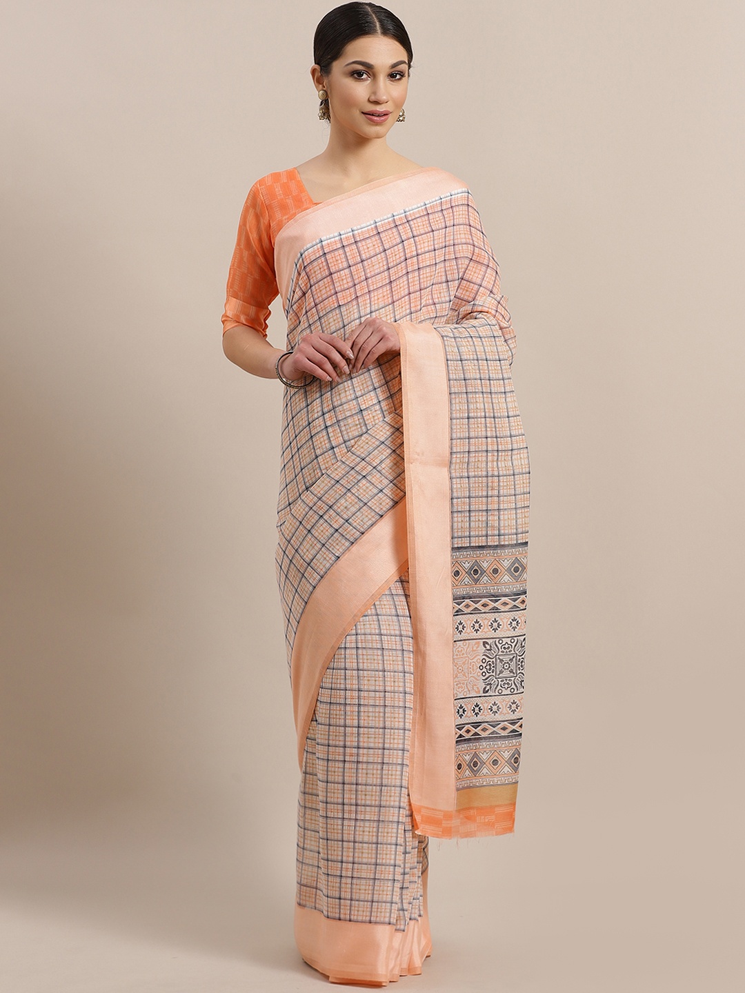 

Saree mall Peach-Coloured & Grey Checked Saree