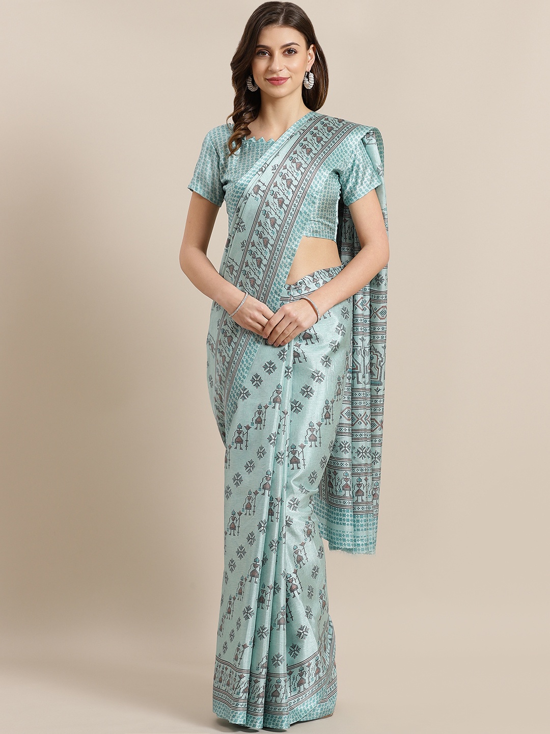 

Saree mall Sea Green & BlACK Printed Khadi Saree