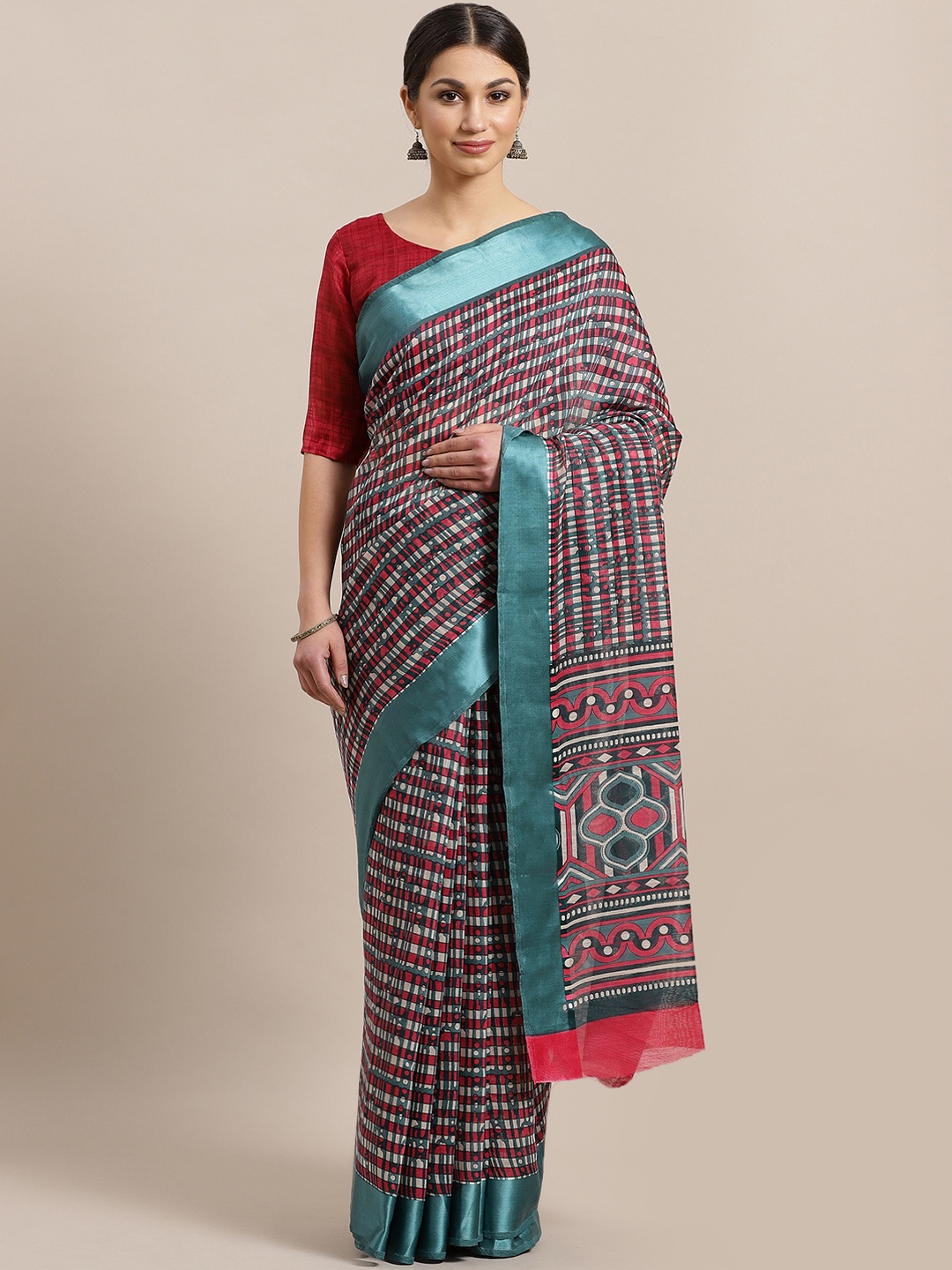 

Saree mall Teal Blue & Pink Silk Cotton Printed Saree
