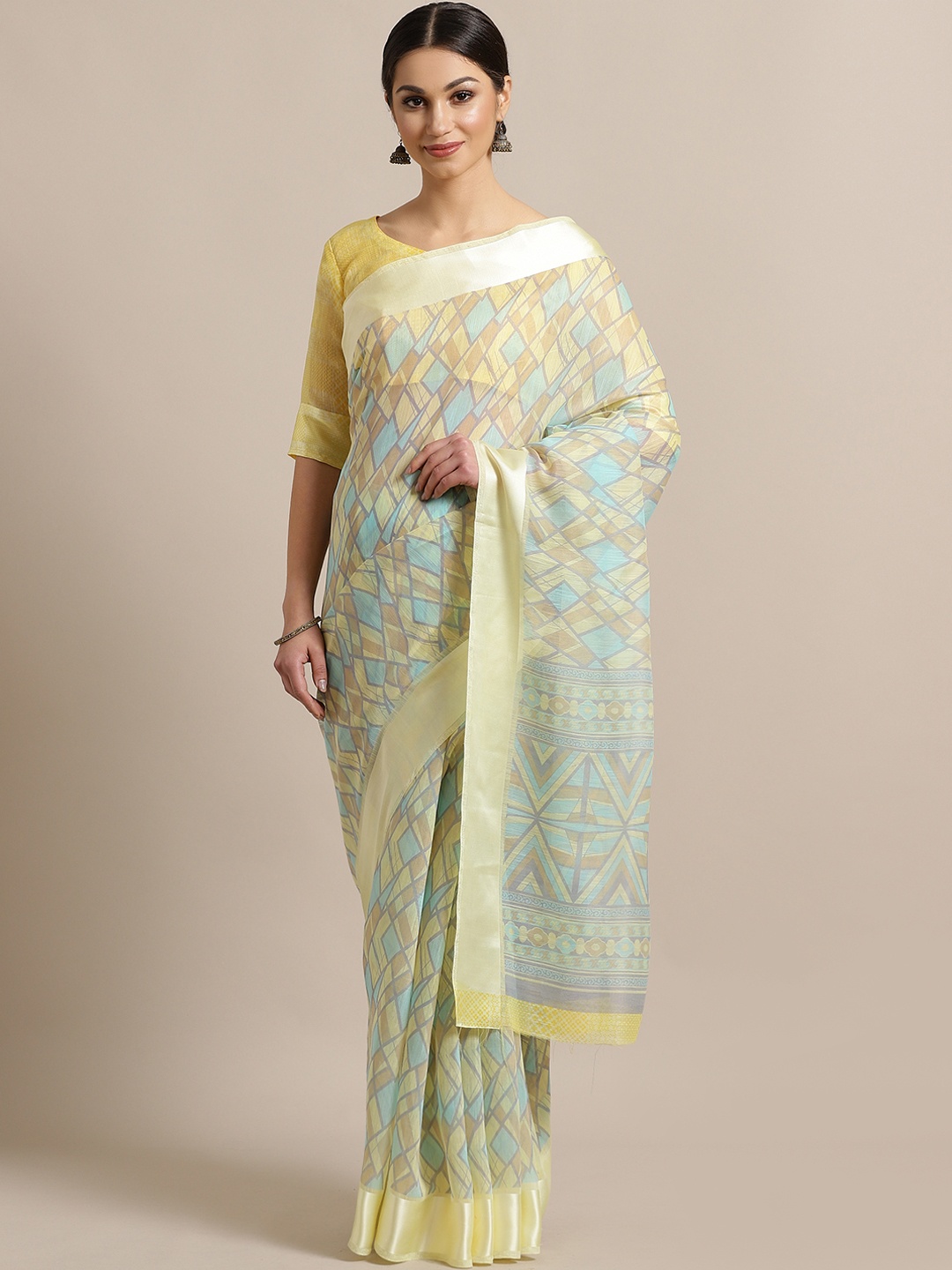 

Saree mall Yellow & Sea Green Printed Saree