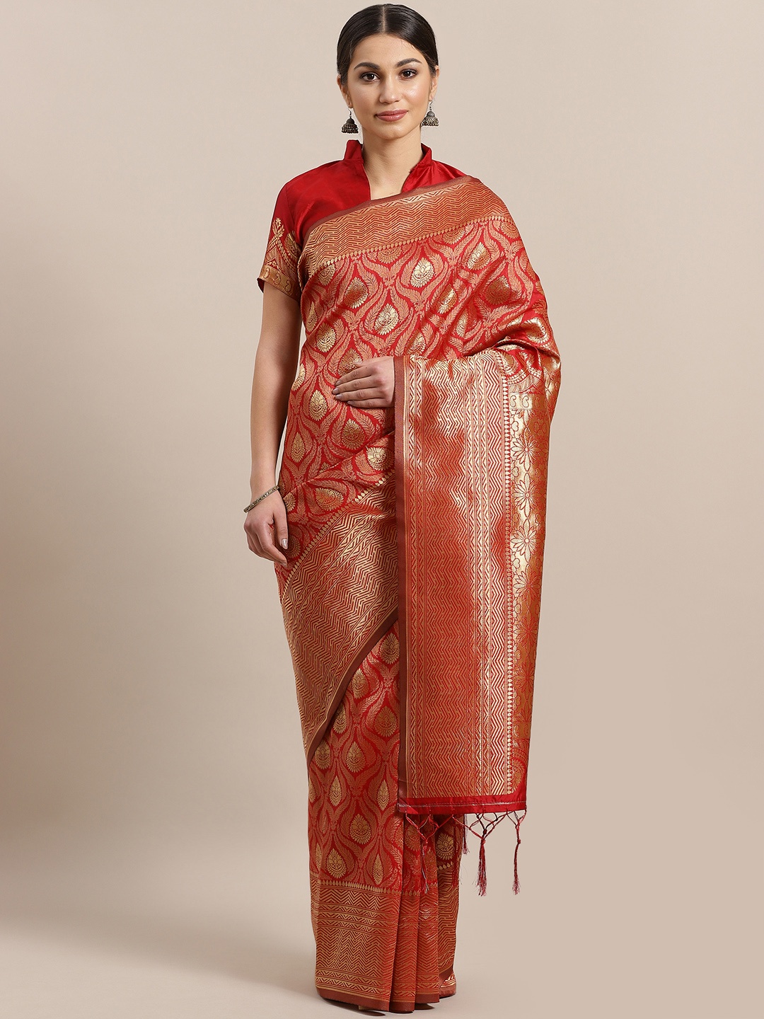 

Saree mall Red & Golden Silk Blend Woven Design Saree