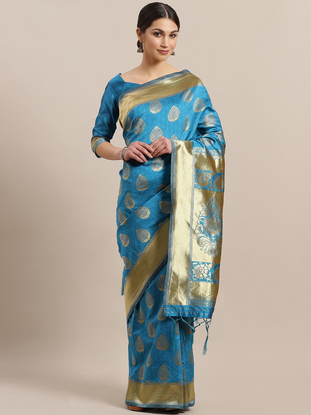 

Saree mall Blue & Golden Silk Blend Woven Design Saree