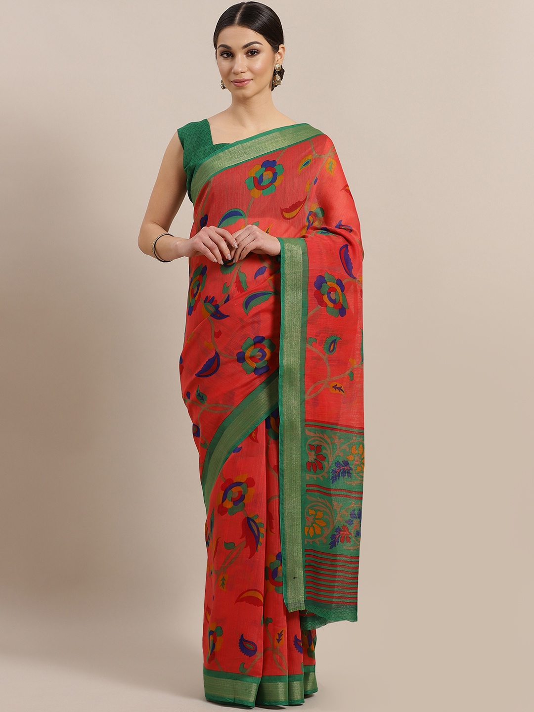 

Saree mall Red & Green Printed Saree