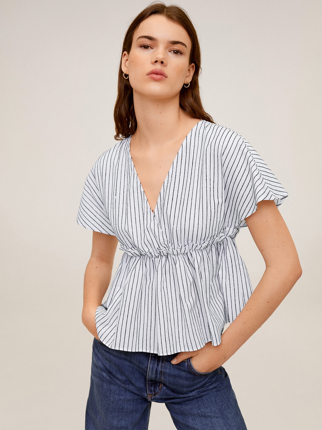 

MANGO Women White & Navy Blue Striped Empire Top