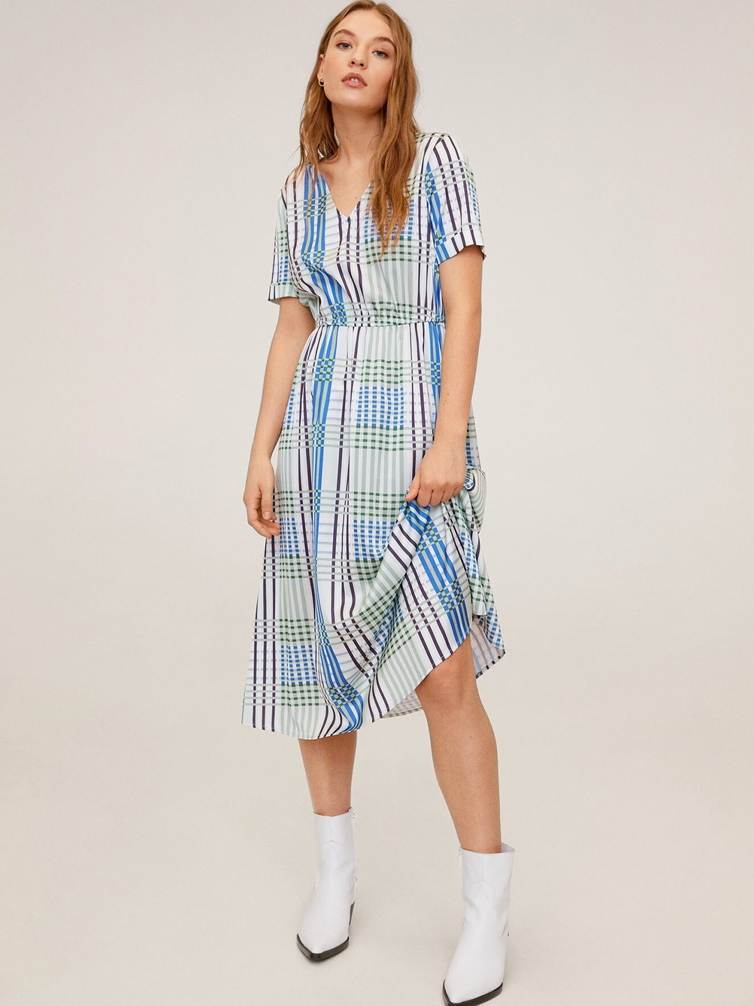 

MANGO Women White & Blue Checked A-Line Dress