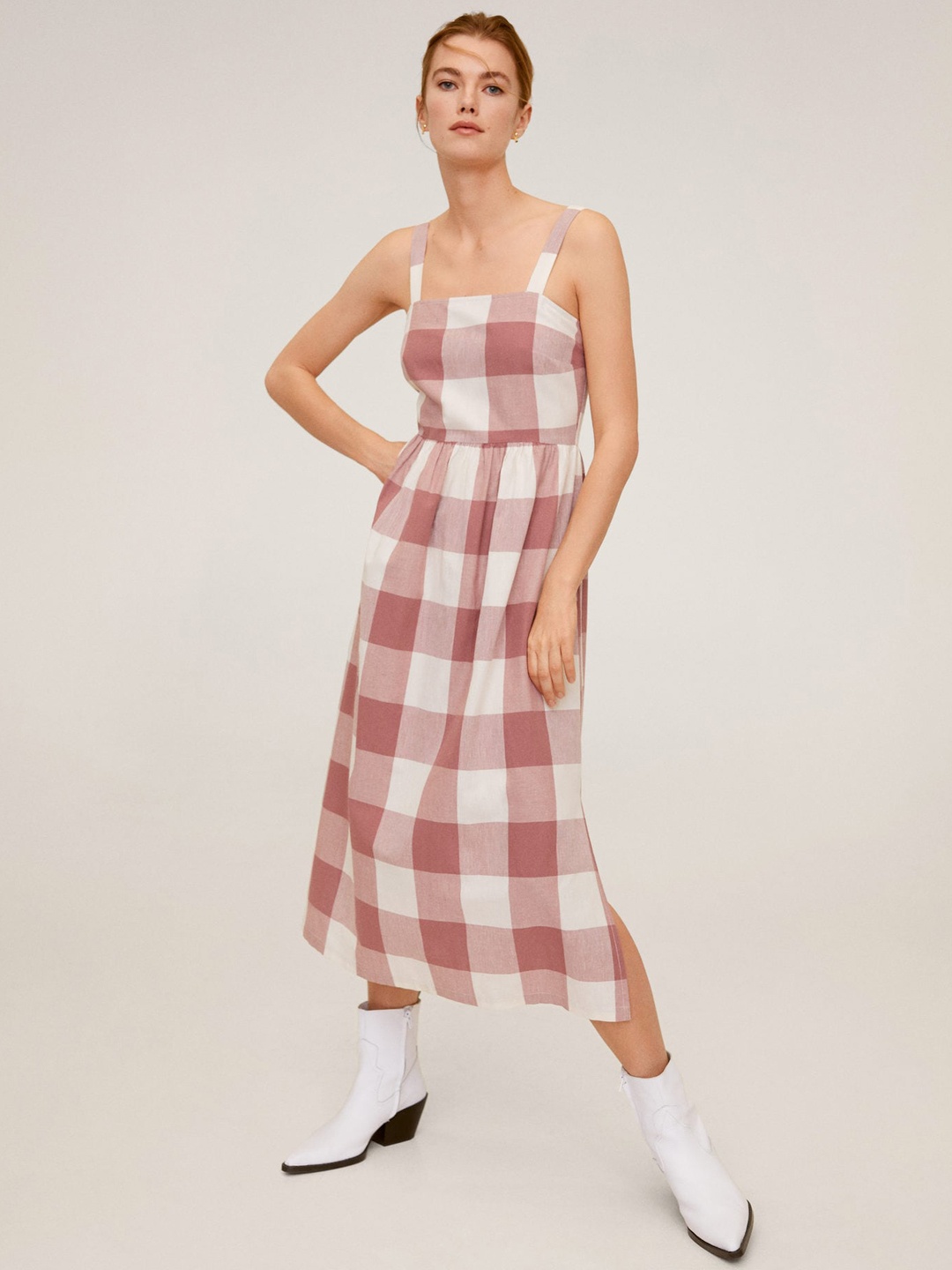 

MANGO Women Pink & White Checked A-Line Dress
