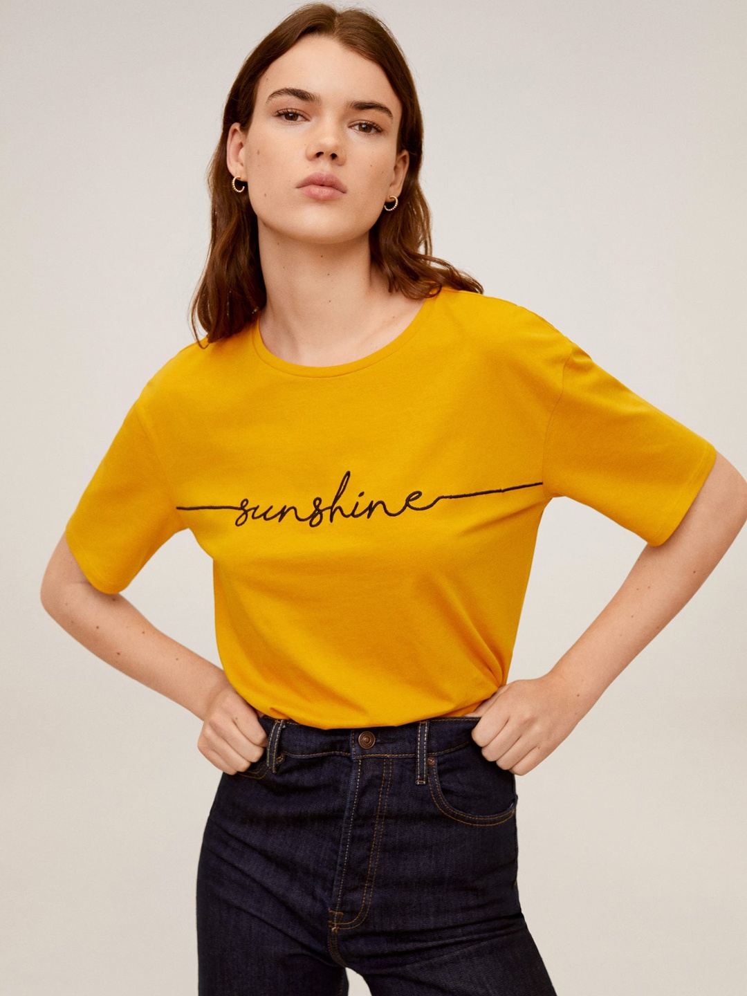 

MANGO Women Mustard Yellow & Black Printed Round Neck T-shirt
