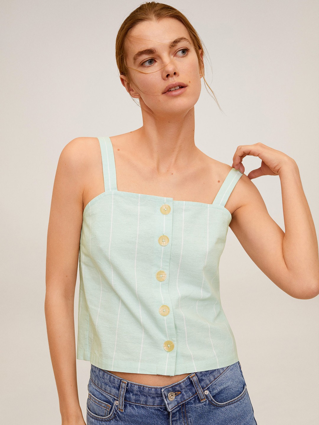 

MANGO Women Green Striped Pure Cotton Regular Crop Top