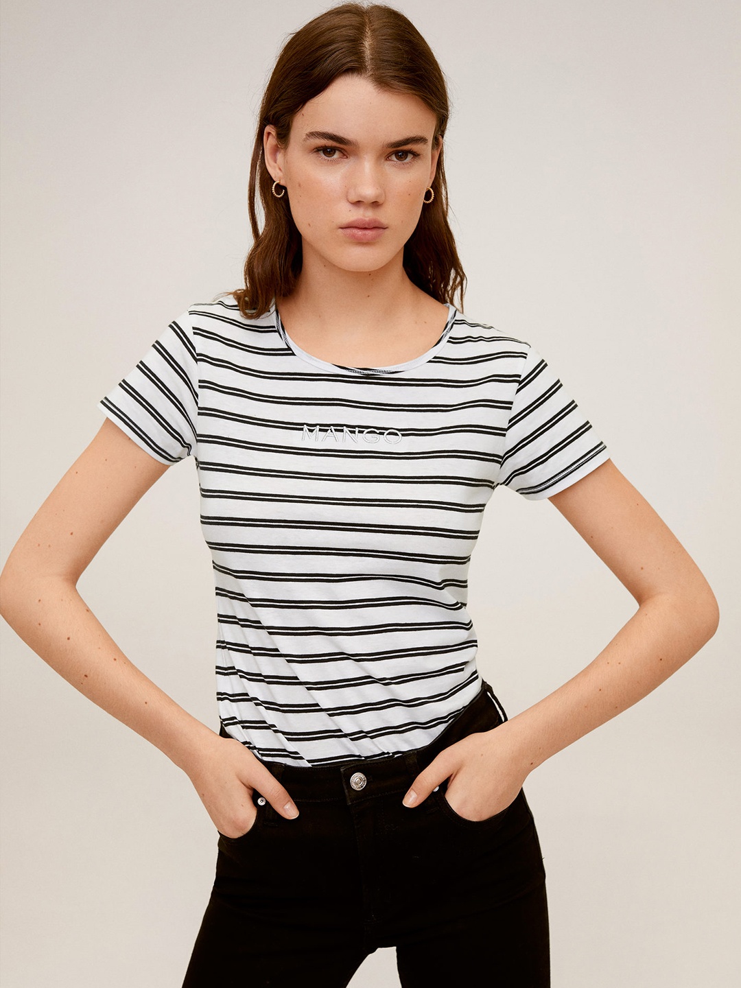 

MANGO Women White Black Striped Round Neck Pure Cotton T-shirt