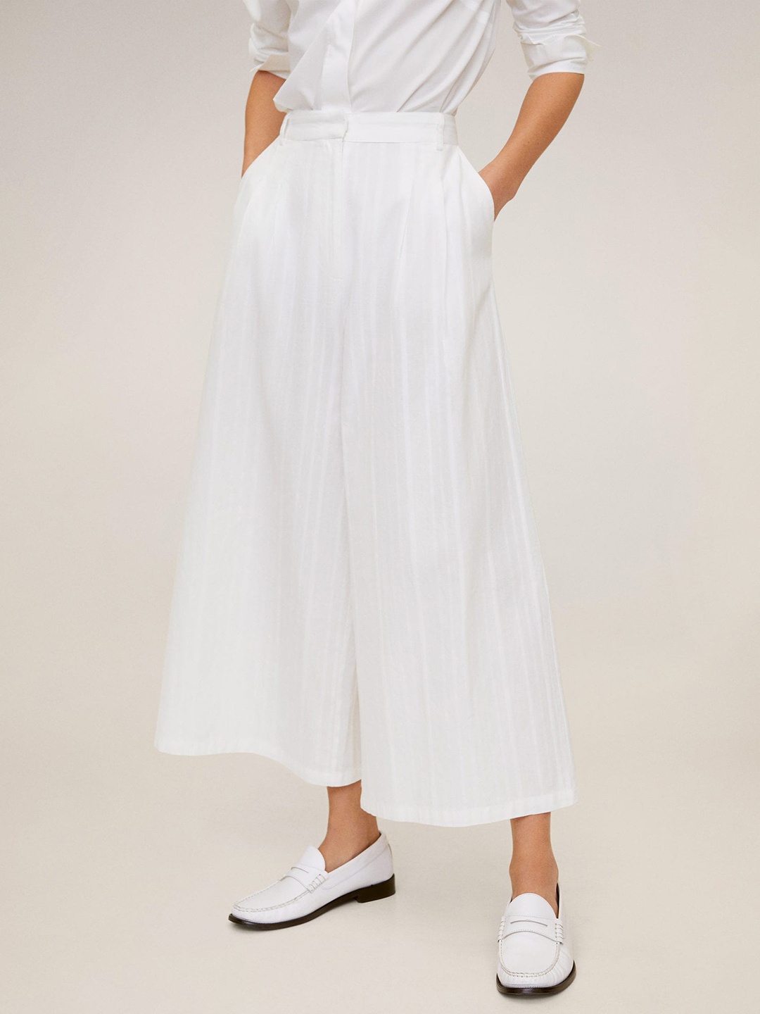 

MANGO Women White Self-Striped Cropped Parallel Trousers