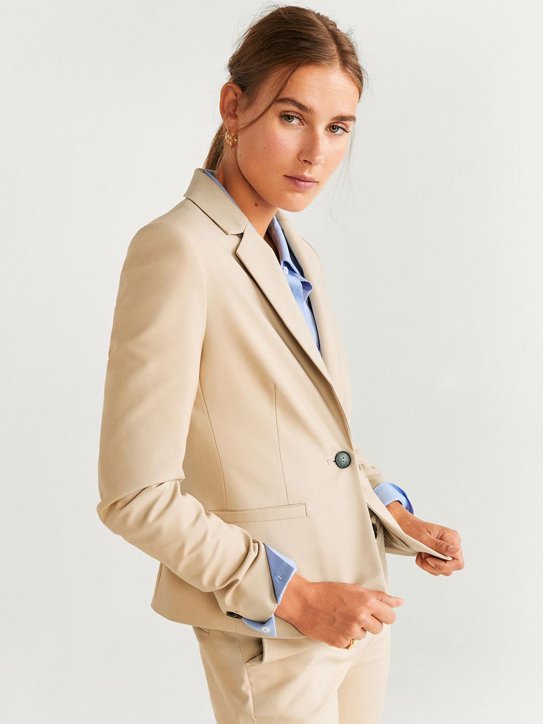 

MANGO Women Beige Solid Formal Blazer