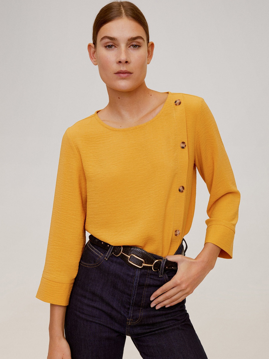 

MANGO Women Mustard Yellow Solid Top