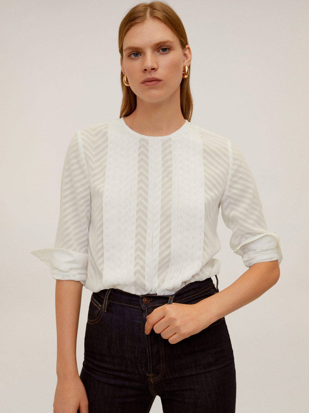 

MANGO Women Off-White Self Striped Pleated Detail Top