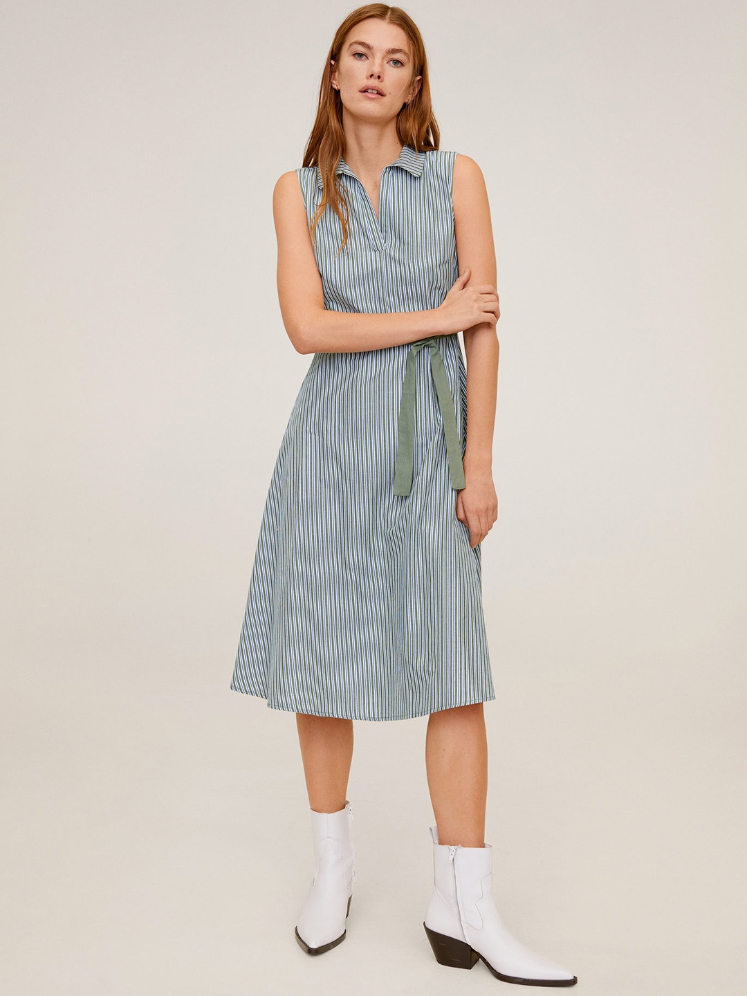 

MANGO Women Olive Green & White Striped A-Line Dress With Belt