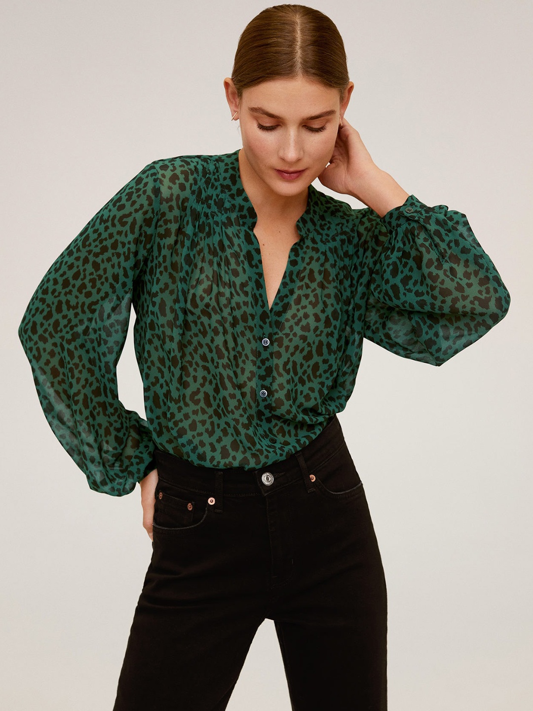 

MANGO Women Green & Black Regular Fit Printed Casual Shirt