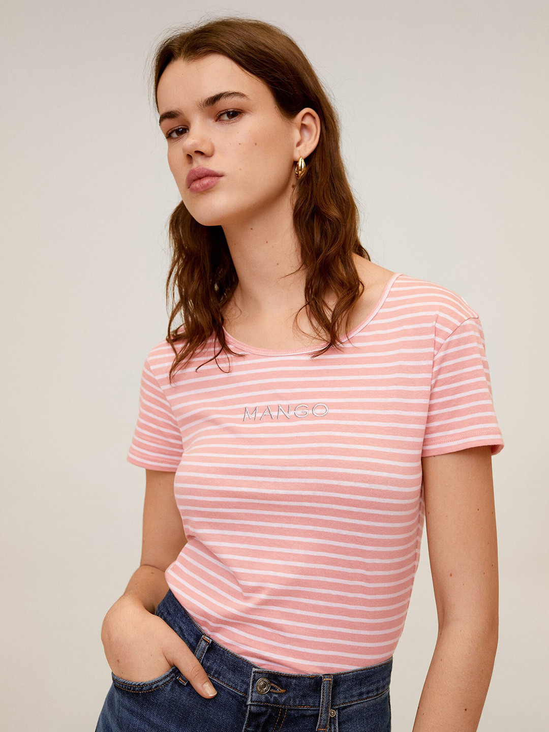 

MANGO Women Peach-Coloured & Off-White Striped Round Neck T-shirt