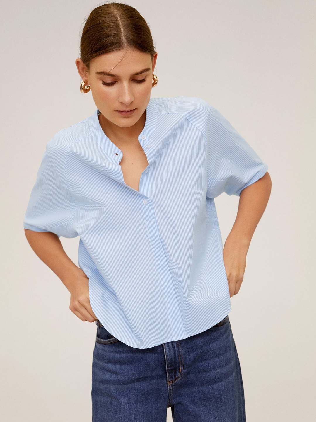 

MANGO Women Blue & White Organic Cotton Striped Shirt Style Pure Cotton Top