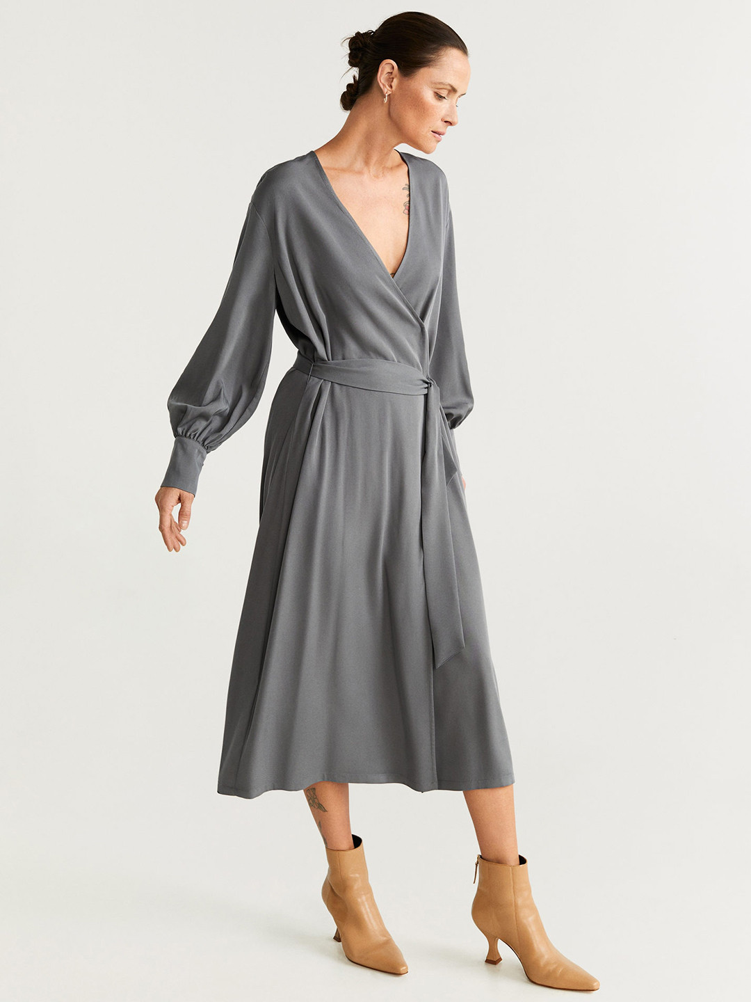 

MANGO Women Grey Solid Wrap Dress