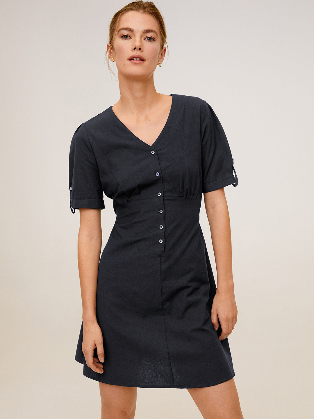 

MANGO Navy Blue Solid Cotton Linen A-Line Dress