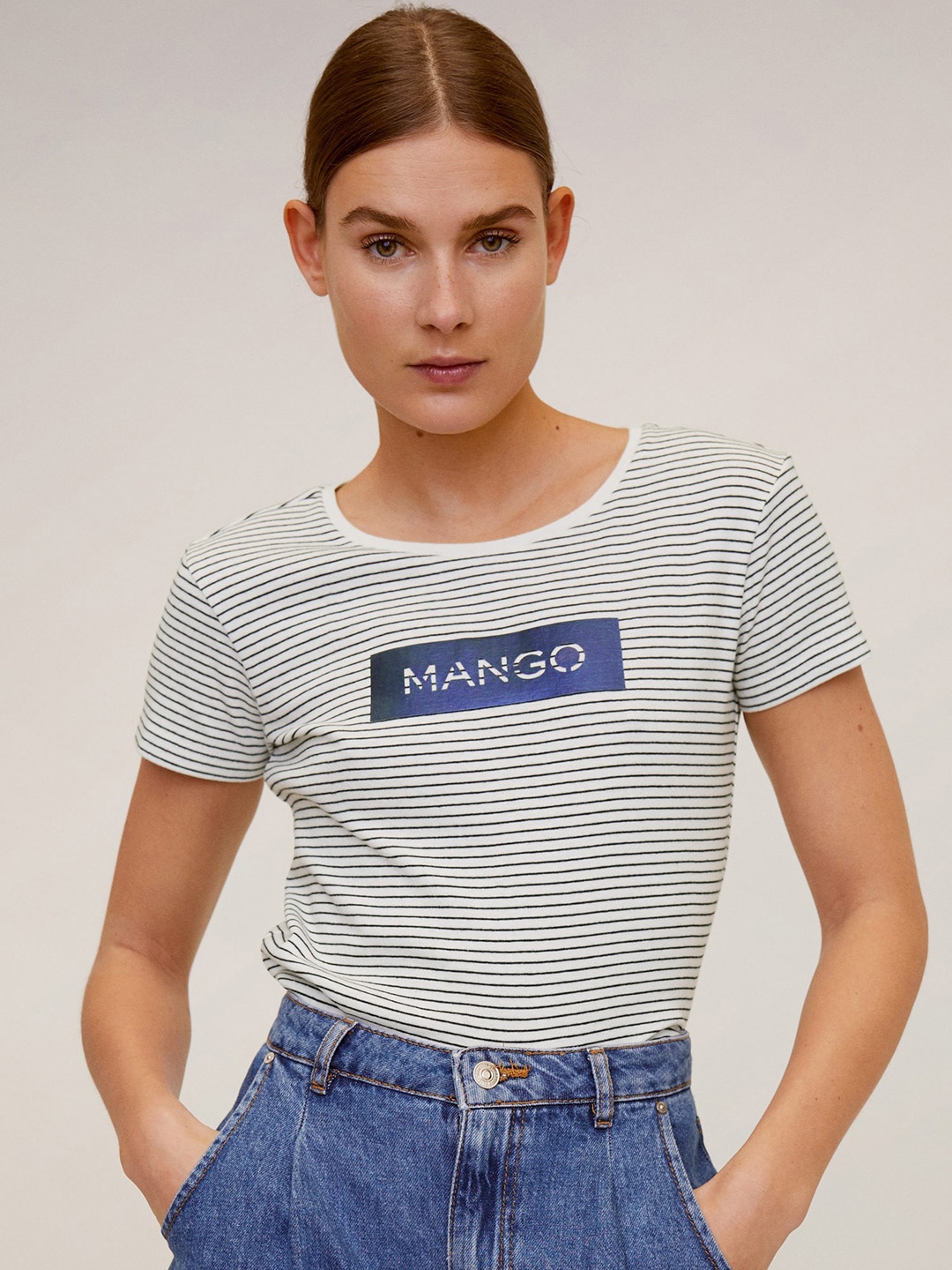 

MANGO Women White Black Striped Round Neck Pure Cotton T-shirt