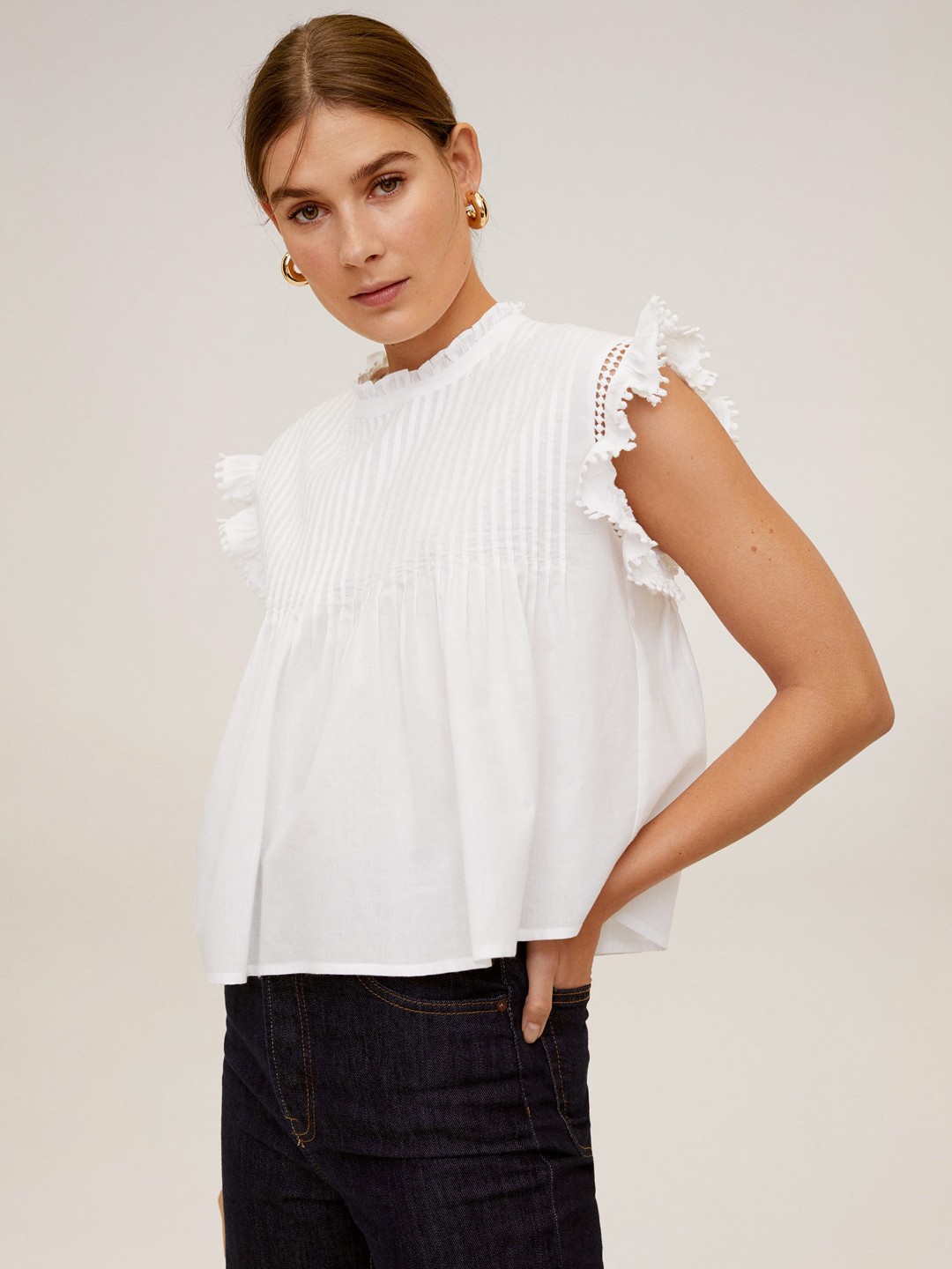 

MANGO Women White Pintucks Detail Solid A-Line Pure Cotton Top