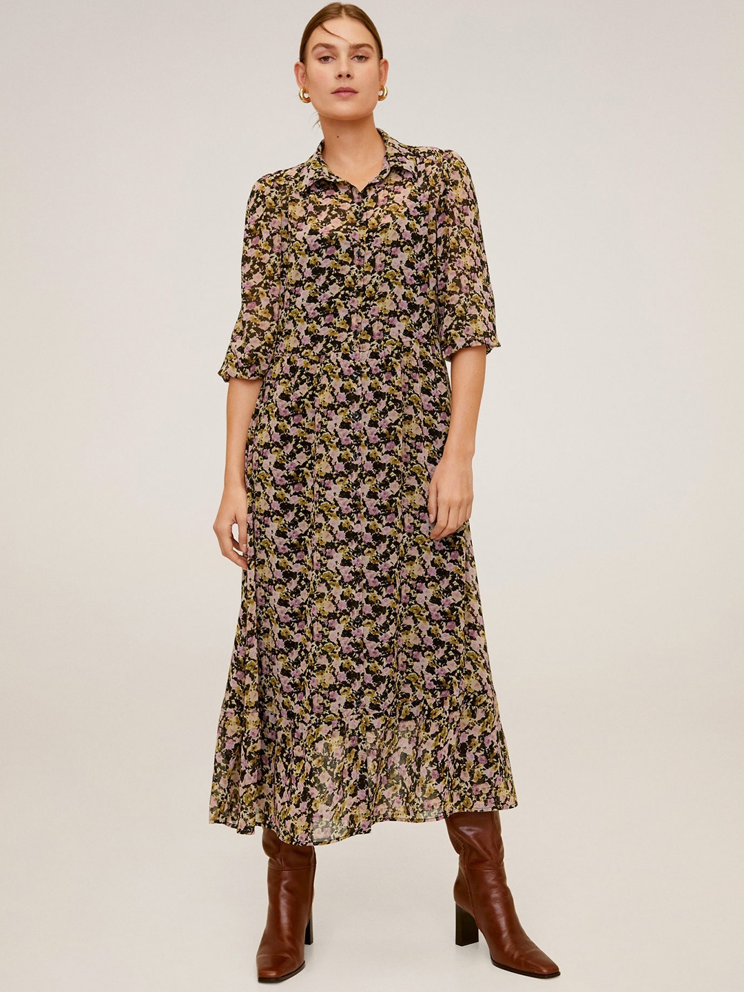 

MANGO Women Beige & Black Printed Shirt Sustainable Dress
