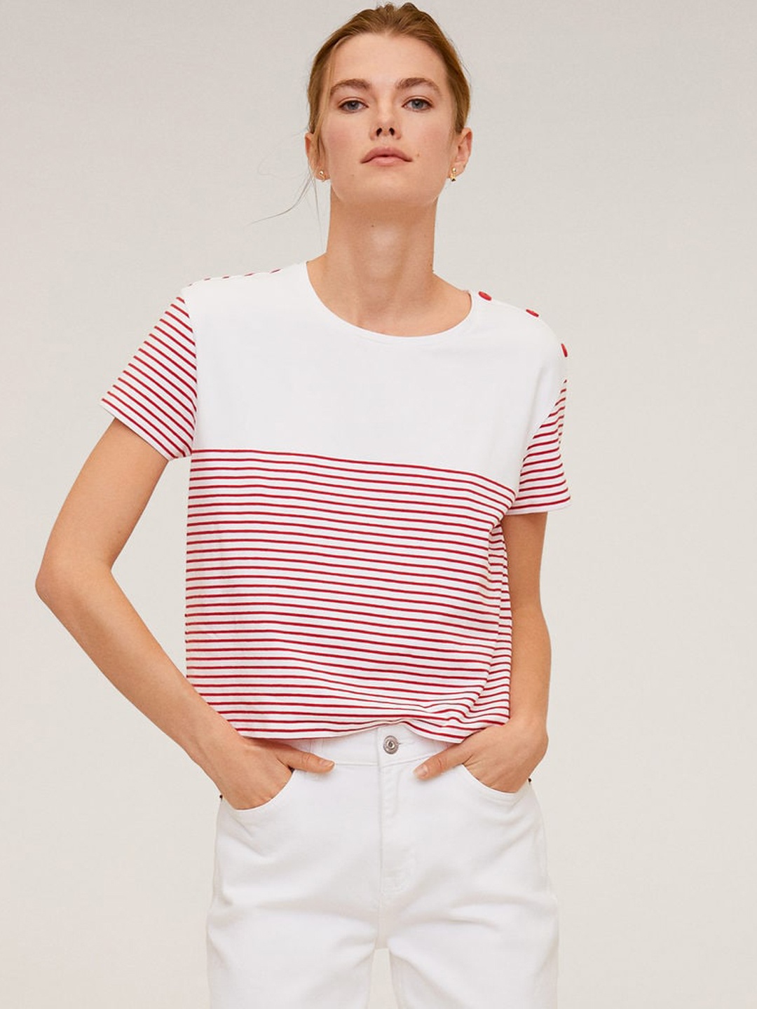 

MANGO Women White & Red Striped Round Neck Cropped T-shirt