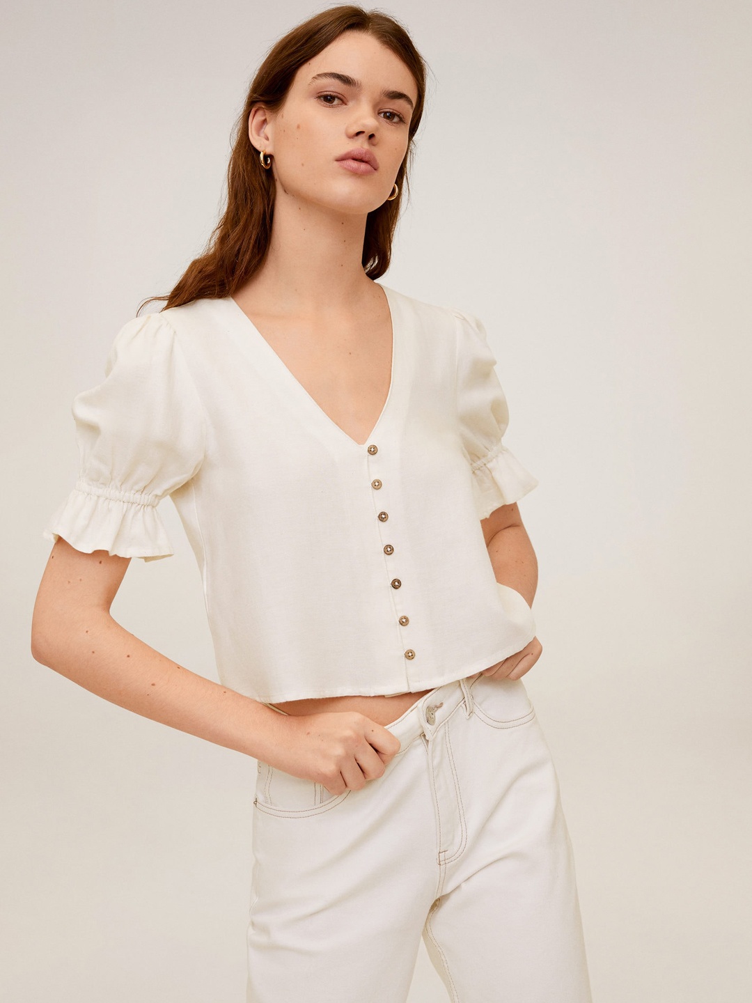 

MANGO Women Off-White Solid Puff Sleeves Crop Top