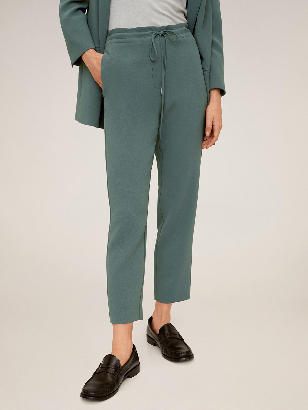 

MANGO Women Olive Green Solid Formal Trousers