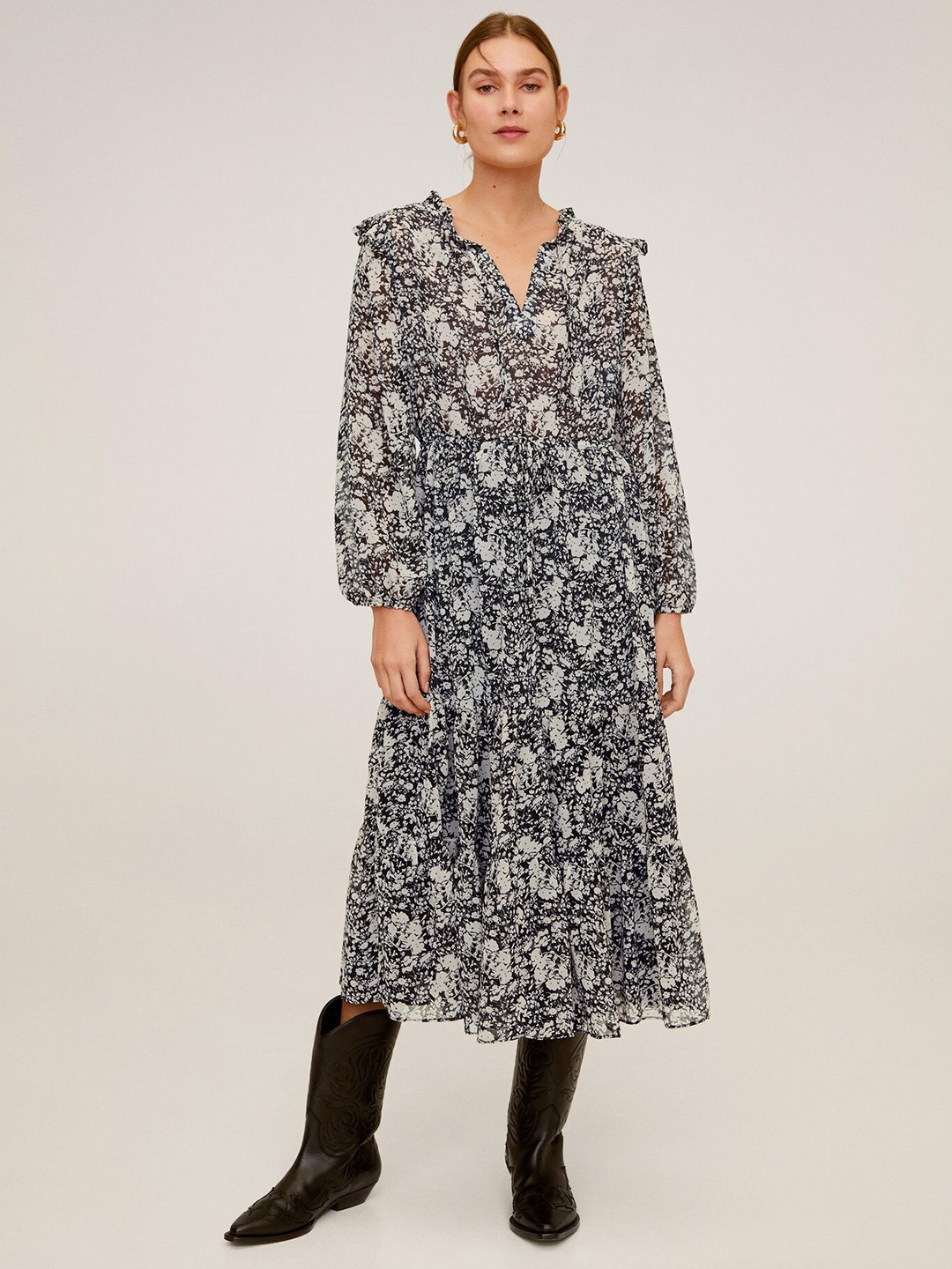 

MANGO Women Off-White & Black Semi-Sheer Printed A-Line Sustainable Dress