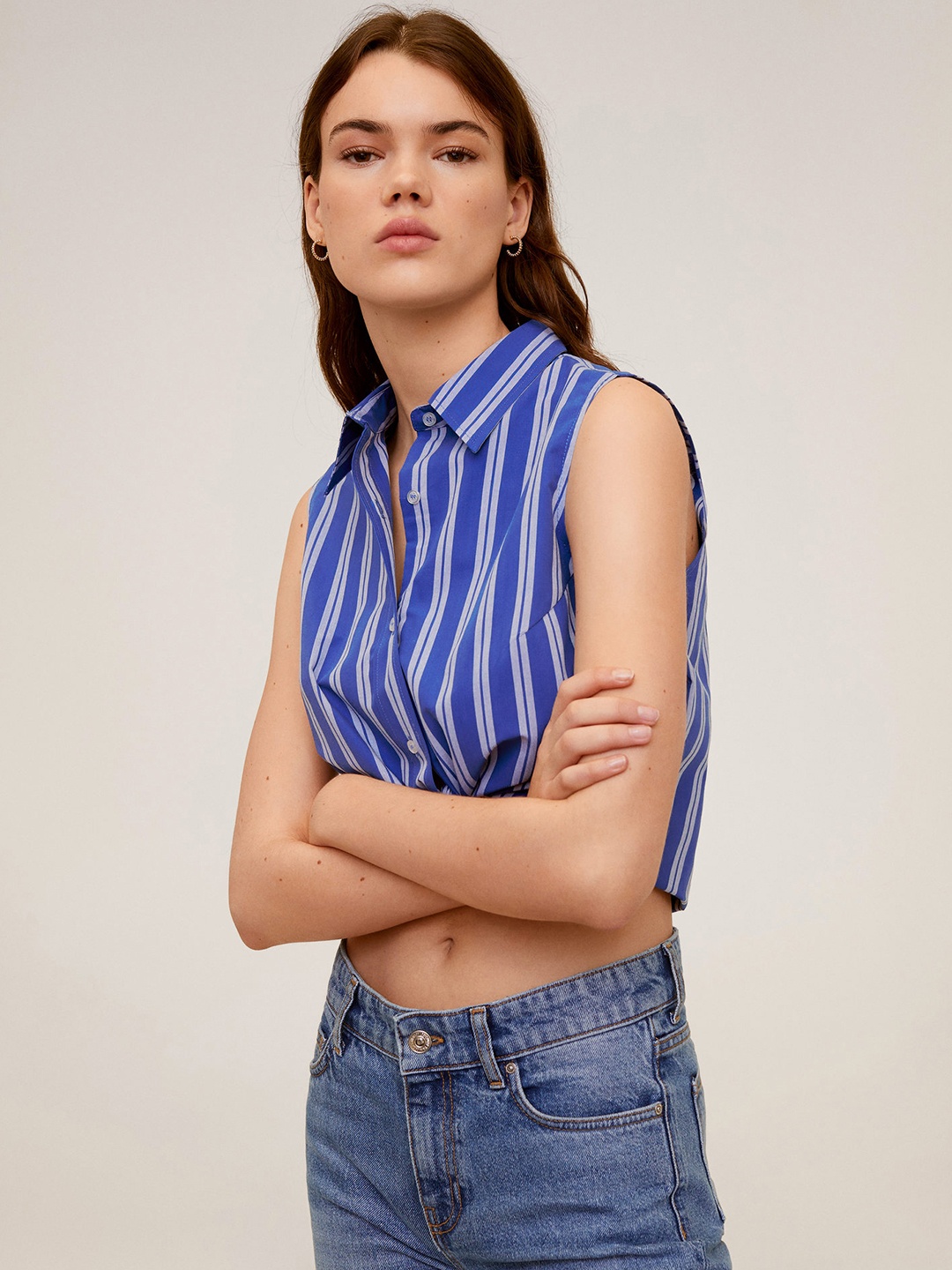 

MANGO Women Blue Regular Fit Striped Crop Casual Shirt