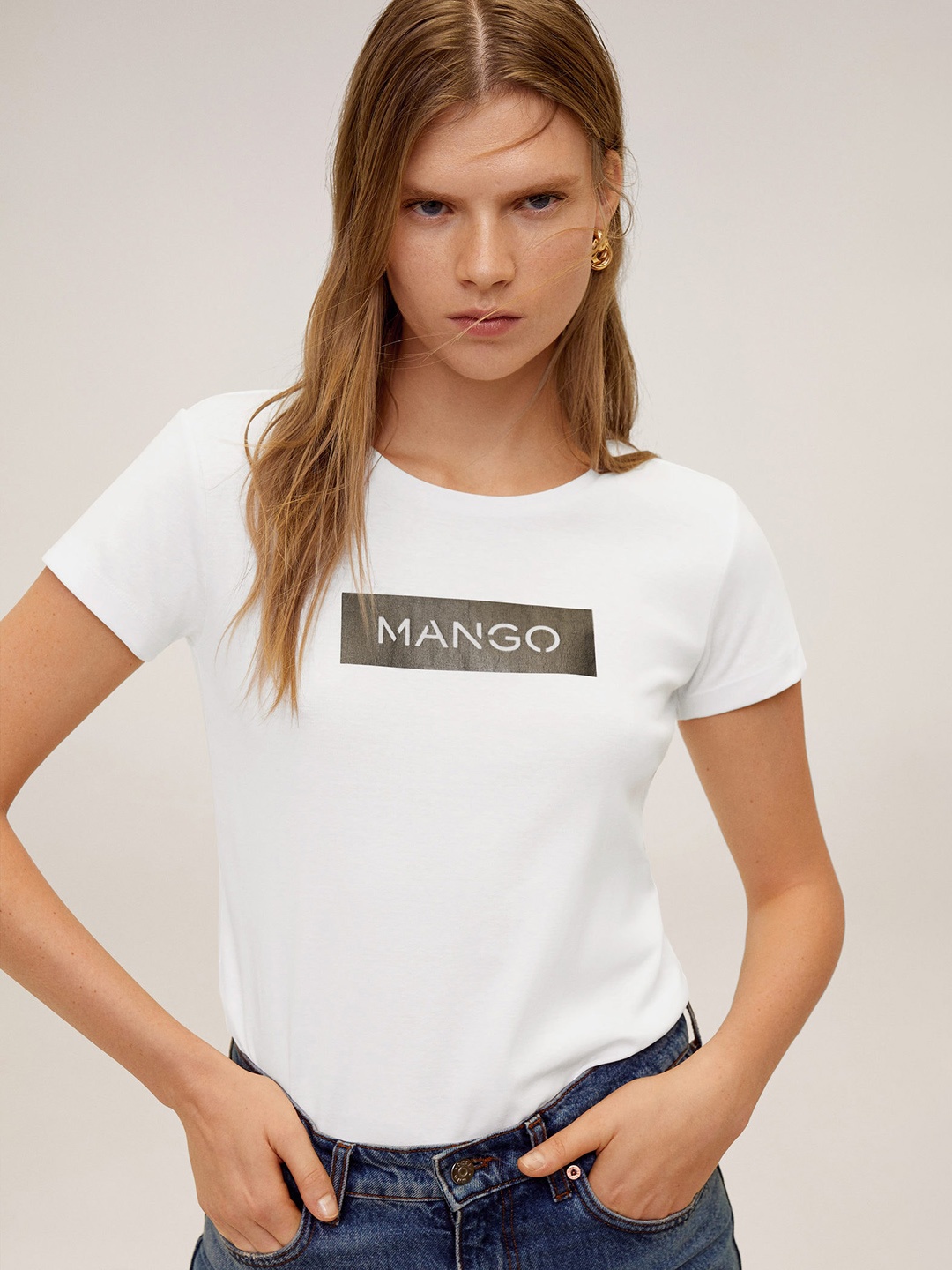 

MANGO Women White Silver Typography Printed Round Neck Pure Cotton T-shirt