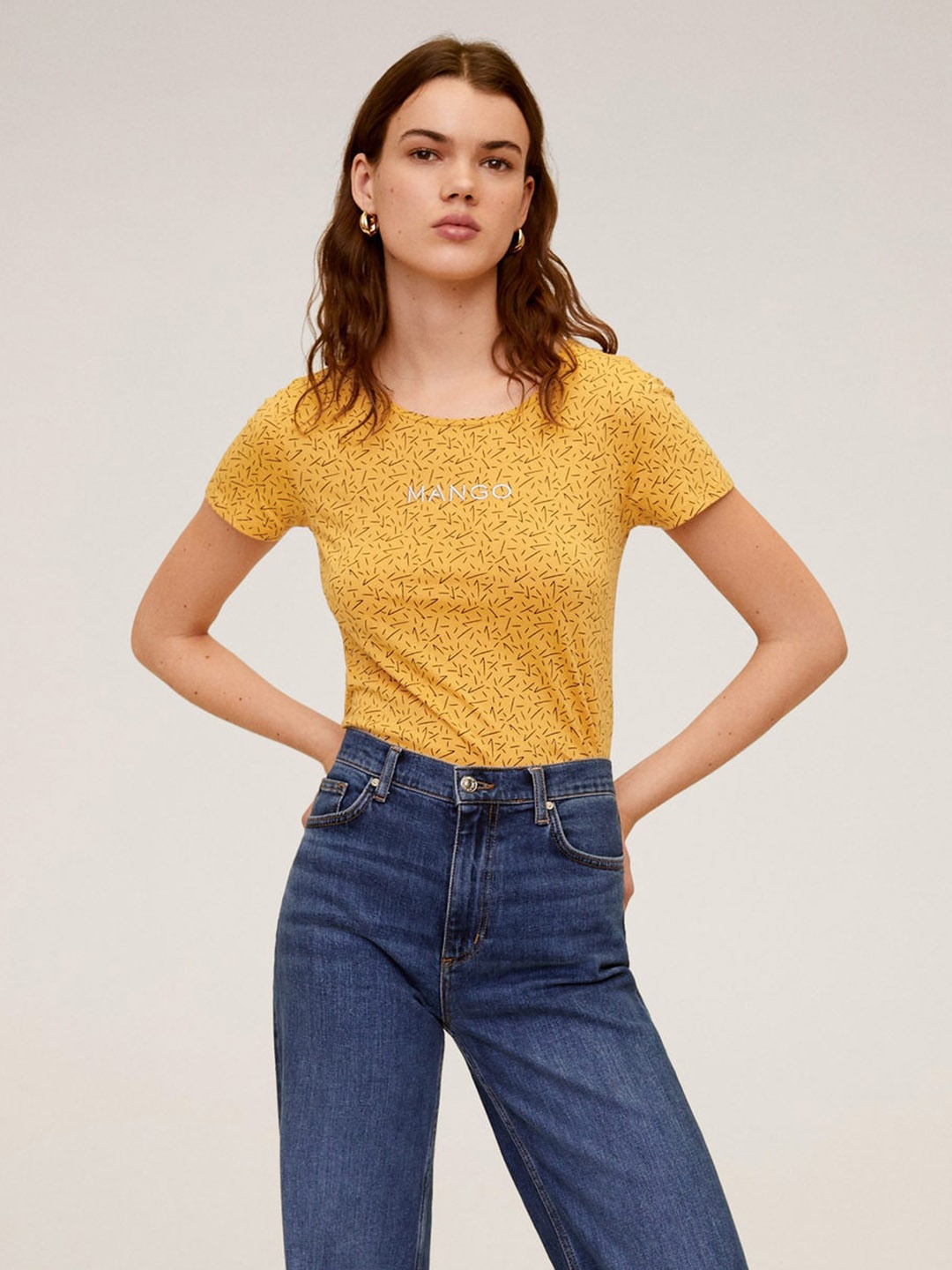 

MANGO Women Mustard Yellow Black Printed Round Neck Pure Cotton T-shirt