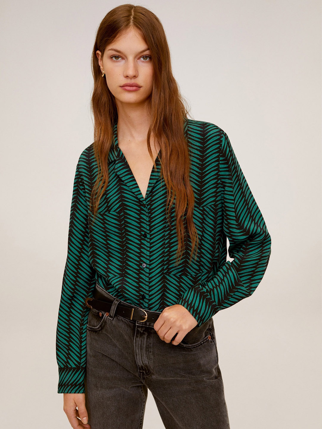 

MANGO Women Green & Black Regular Fit Printed Casual Shirt