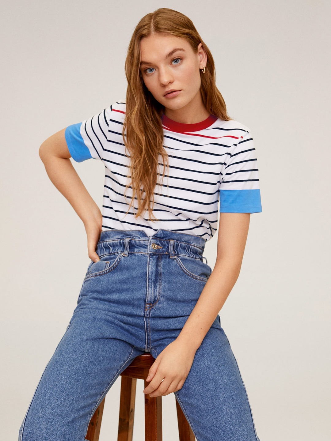 

MANGO Women White Black Striped Round Neck Organic Cotton T-shirt