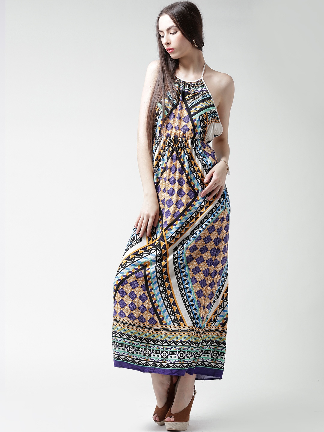 

FOREVER 21 Multicoloured Printed Backless Halter Maxi Dress, Multi