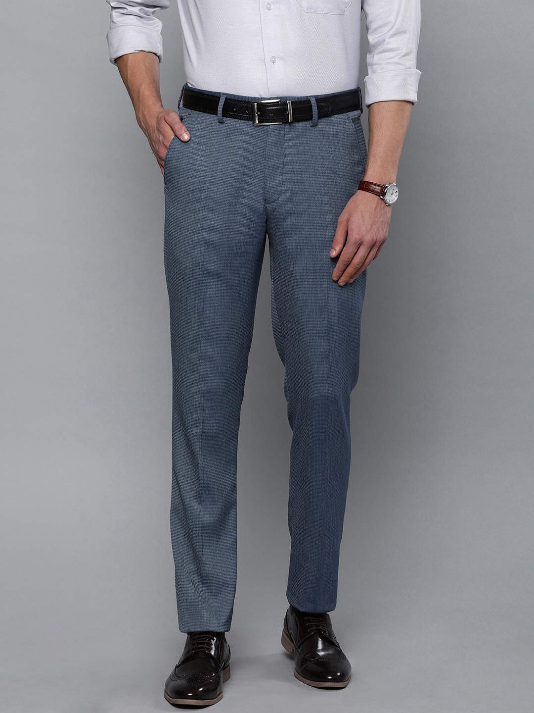 

Louis Philippe Men Blue & Grey Slim Fit Self Design Formal Trousers