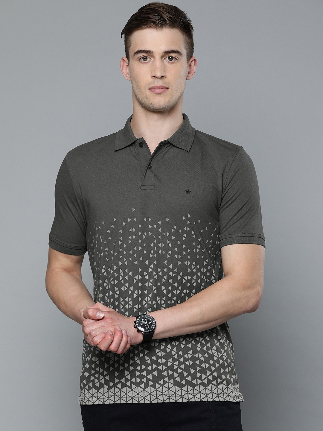 

Louis Philippe Golf leisure Men Charcoal Grey Printed Polo Collar T-shirt