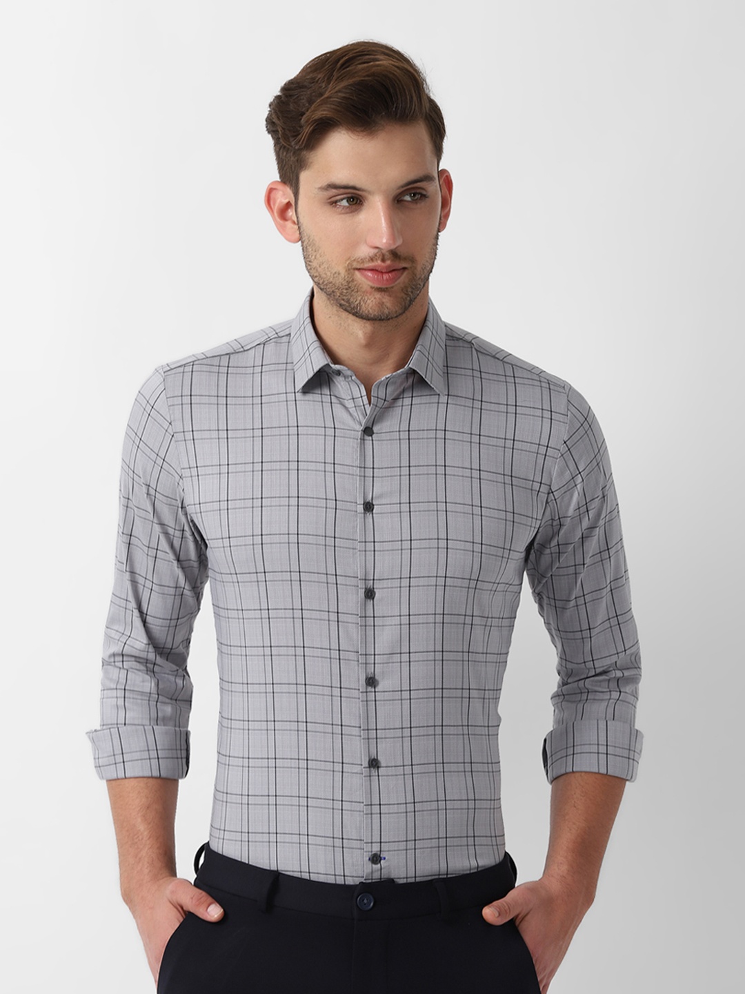 

Louis Philippe Ath.Work Men Grey & Black Slim Fit Checked Formal Shirt