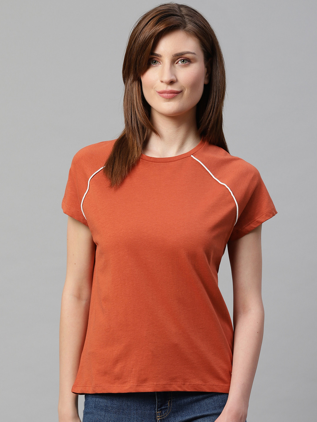 

Roadster Women Rust Orange Solid Round Neck Pure Cotton T-shirt