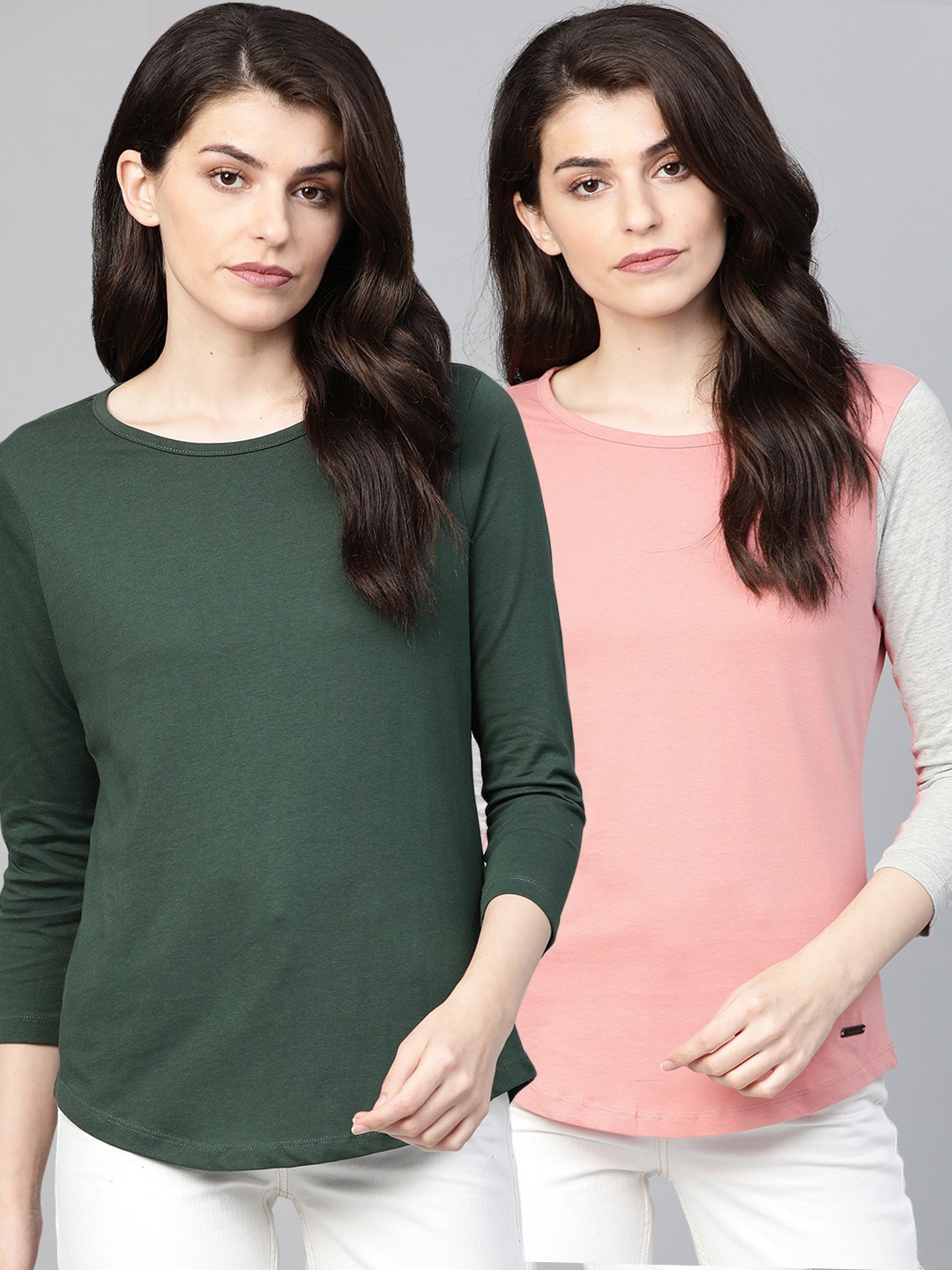 

Roadster Women Pack Of 2 Solid Round Neck T-shirts, Green