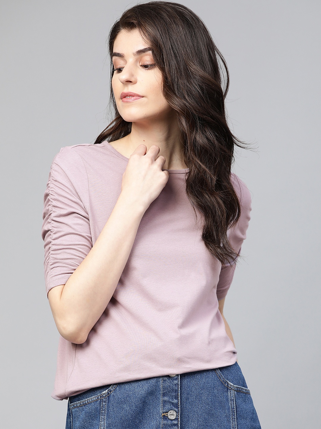 

Roadster Women Lavender Solid Ruched Sleeves Pure Cotton Top