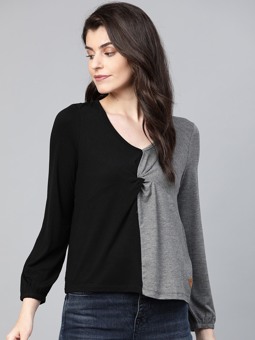 

Roadster Women Black & Grey Melange Colourblocked Twisted Top