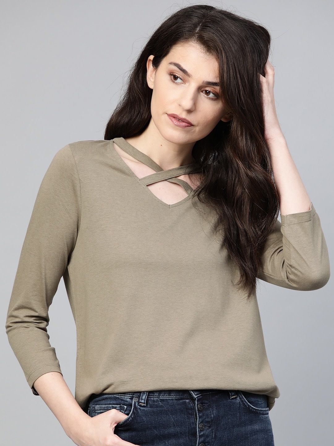 

Roadster Women Olive Green Solid Top