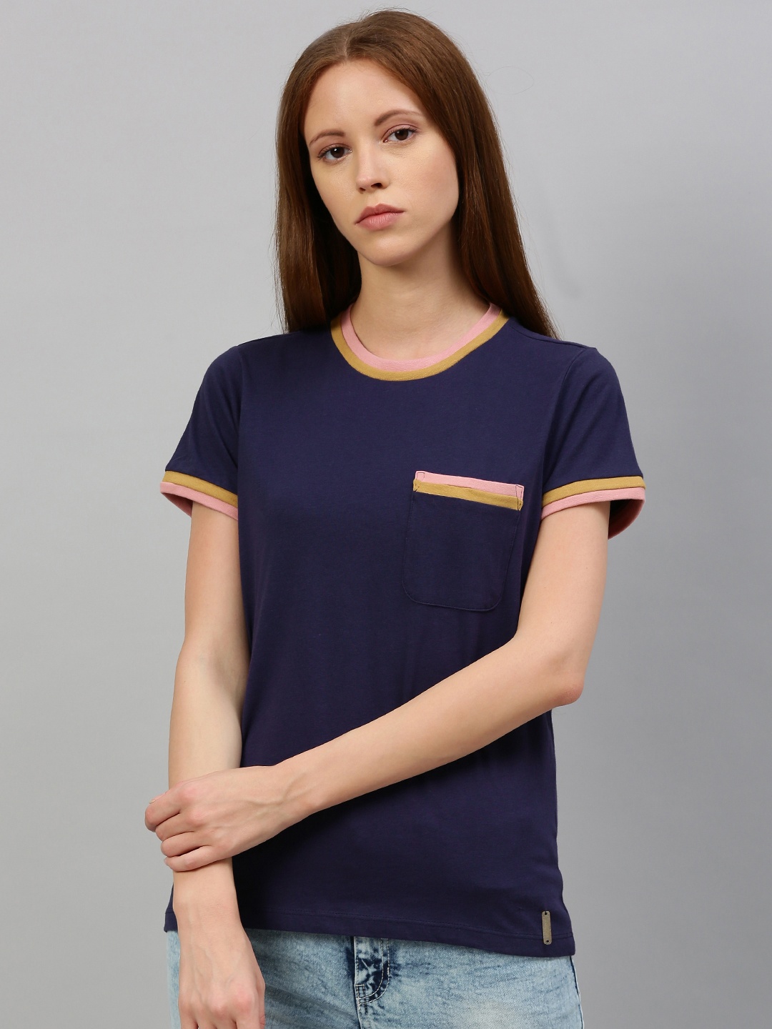 

Roadster Women Navy Blue Solid Round Neck Pure Cotton T-shirt