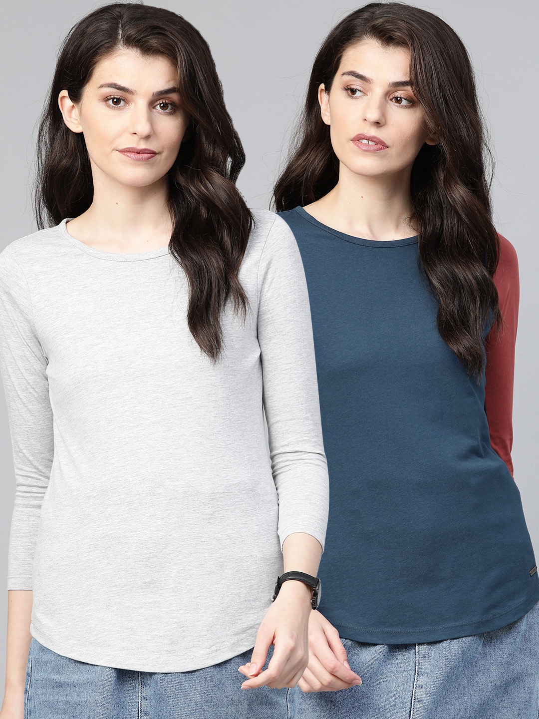 

Roadster Women Pack Of 2 Solid Round Neck T-shirts, Grey melange