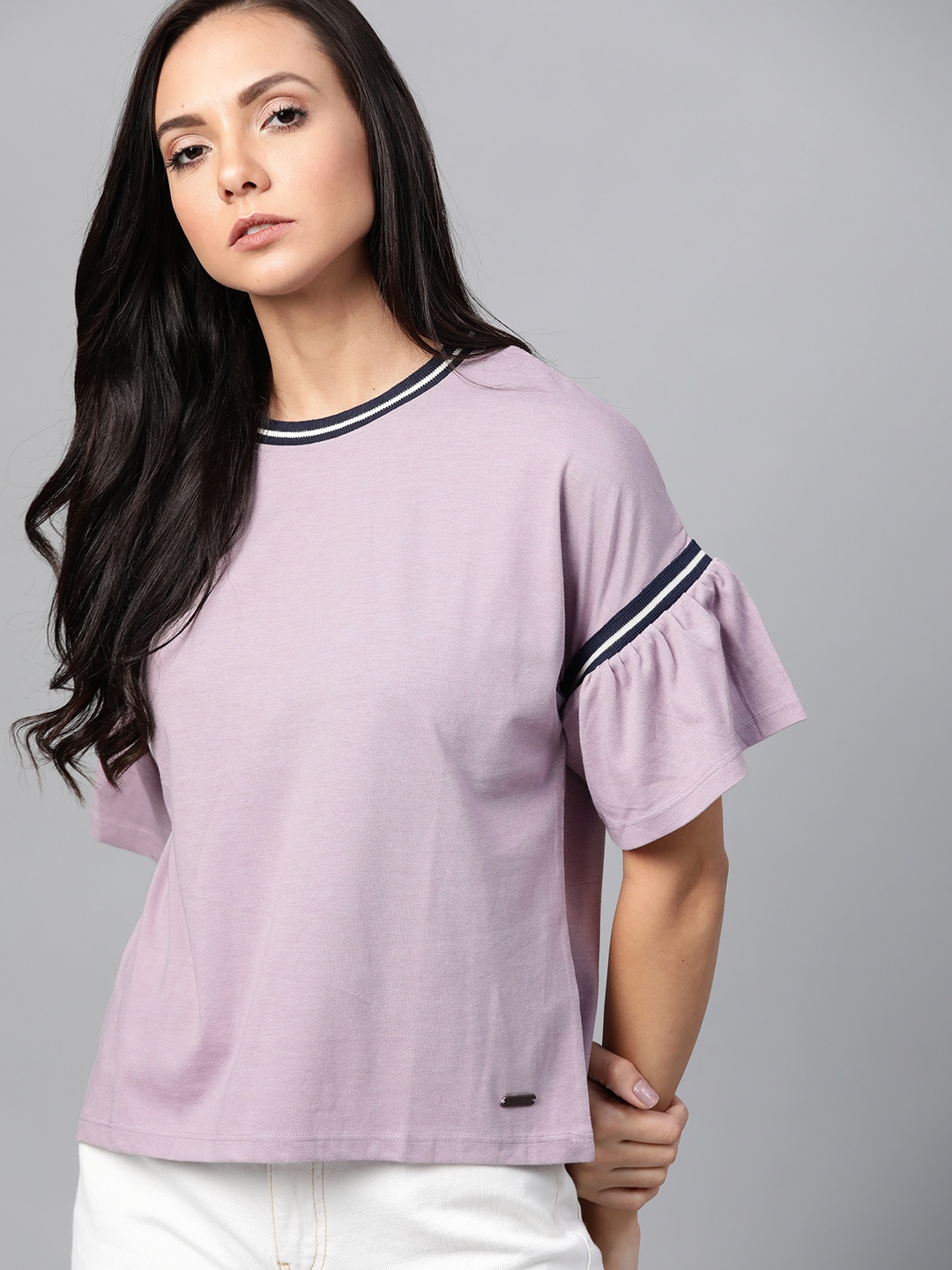 

Roadster Women Lavender Solid Bell Sleeves Top