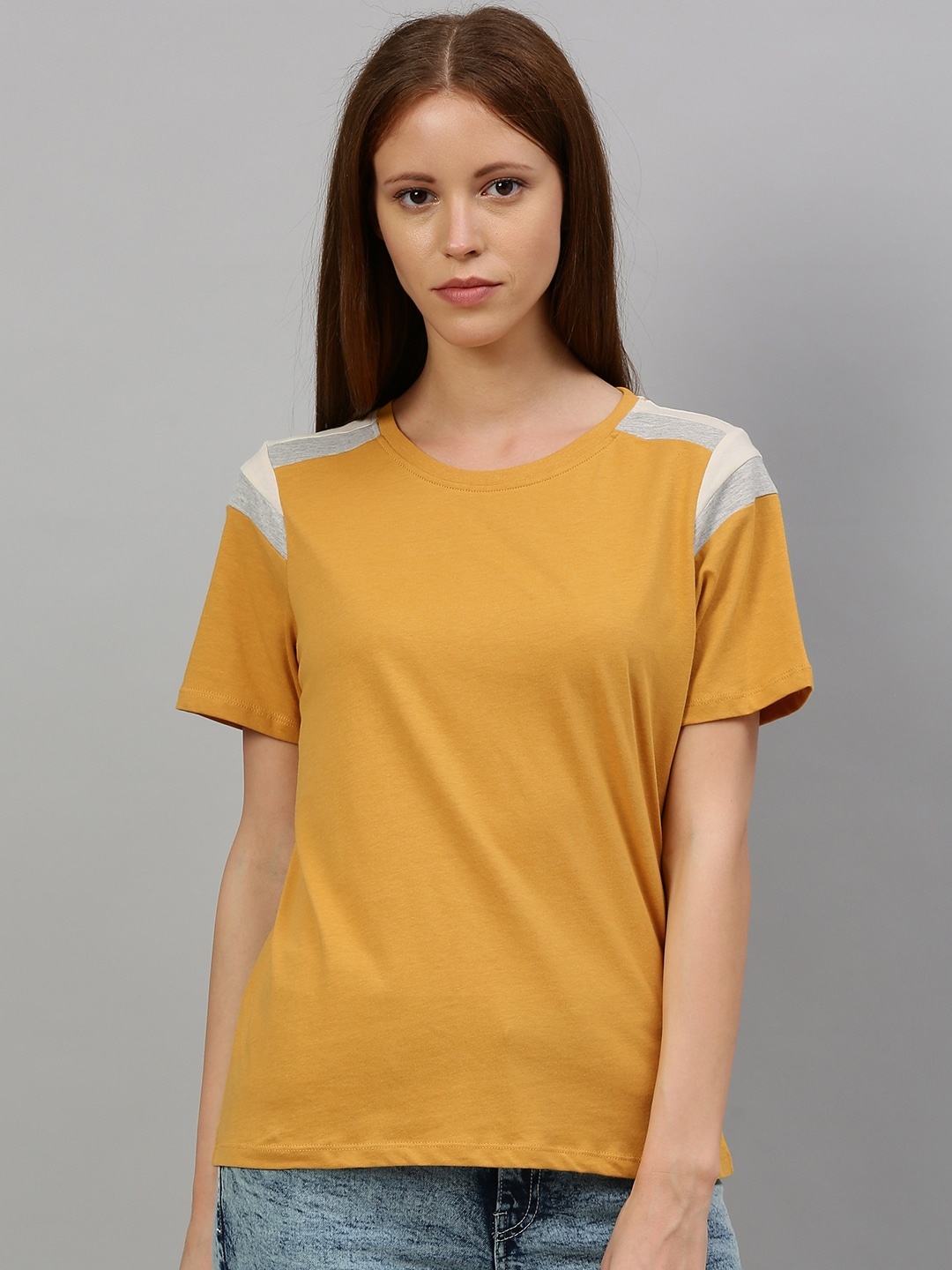 

Roadster Women Mustard Yellow Solid Round Neck Pure Cotton T-shirt